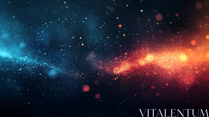 Abstract blue and orange particle light waves on dark field.