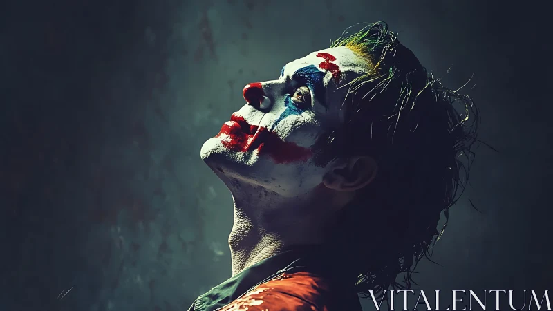 Dark clown portrait in side profile under dramatic light.