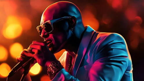 Intense neon-lit vocalist in profile delivers dynamic performance