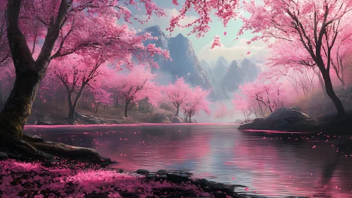 Cherry blossom river valley under diffuse atmospheric perspective