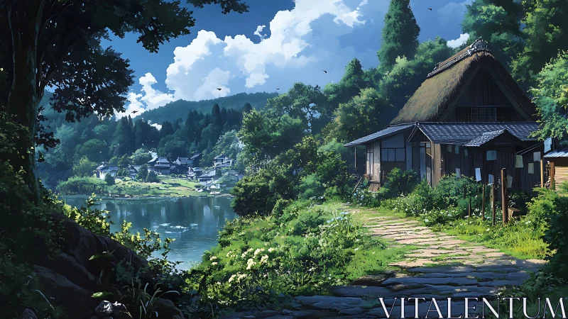 Riverside Japanese farmhouse rendered in luminous anime style