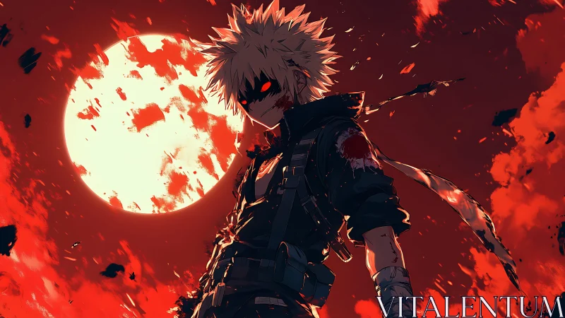 Bloodied anime warrior stands defiant under a burning moon