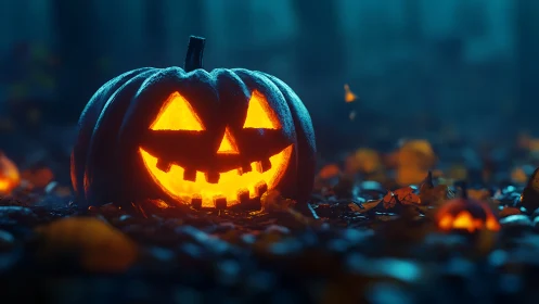 Luminous jack o lantern in misty forest floor environment.