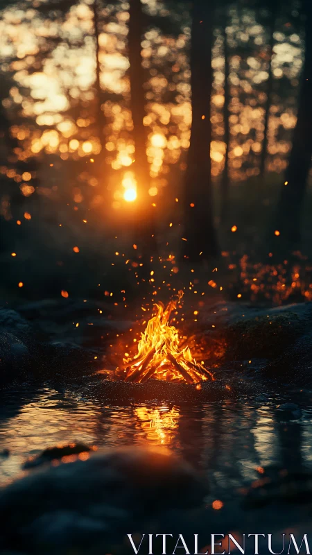 Campfire at dusk with forest backdrop and bokeh effect.