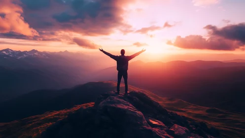 Solitary figure stands on rocky summit facing diffuse sunset