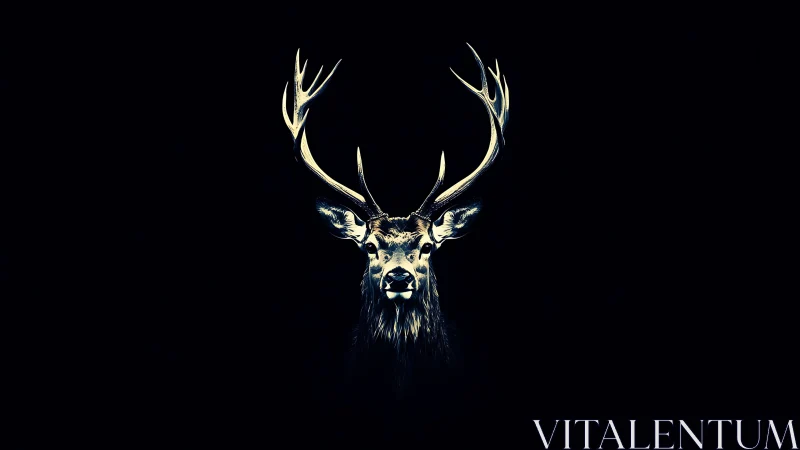 Stag head illustration on deep black negative space background.