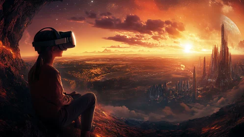 Child in VR headset surveys luminous sci‑fi megacity at sunset