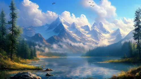Sunlit alpine lake reflects soaring snow peaks in mist