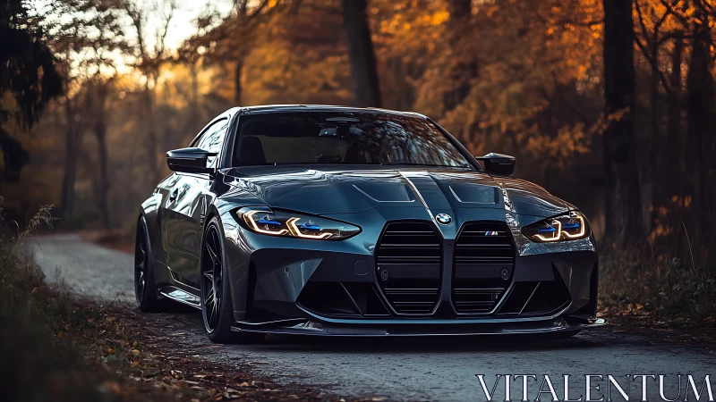 BMW sports sedan is positioned on a narrow forest roadway