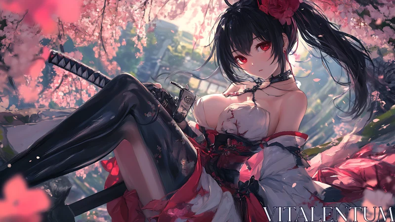 Sword-wielding anime warrior framed by dynamic cherry blossoms and light