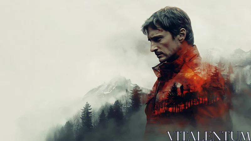 Melancholic forester composite within misted alpine void.