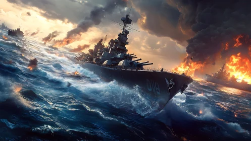 Storm-lit warship surging through a blazing sea battle.