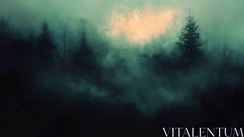 Soft dawn glow welcomes a misty forest into quiet day