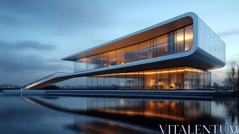 Softly glowing modern lakeside home at blue hour twilight.