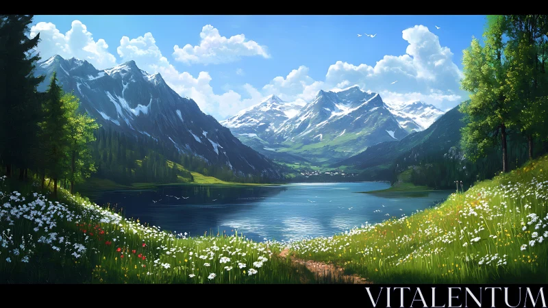 Mountain lake valley under clear blue summer sky.