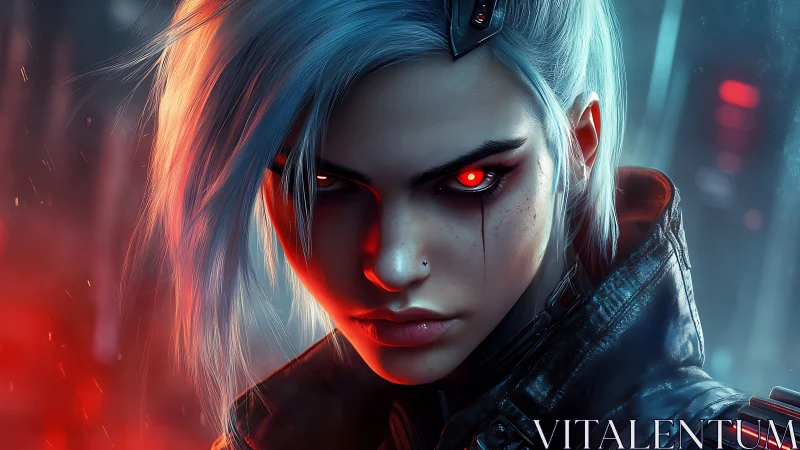 Fierce cyberpunk heroine with glowing red cybernetic gaze.