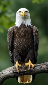 Regal bald eagle gazes forward against soft forest blur
