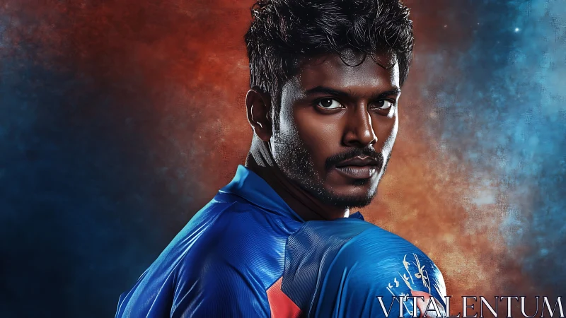 Dynamic digital portrait of male athlete in blue jersey