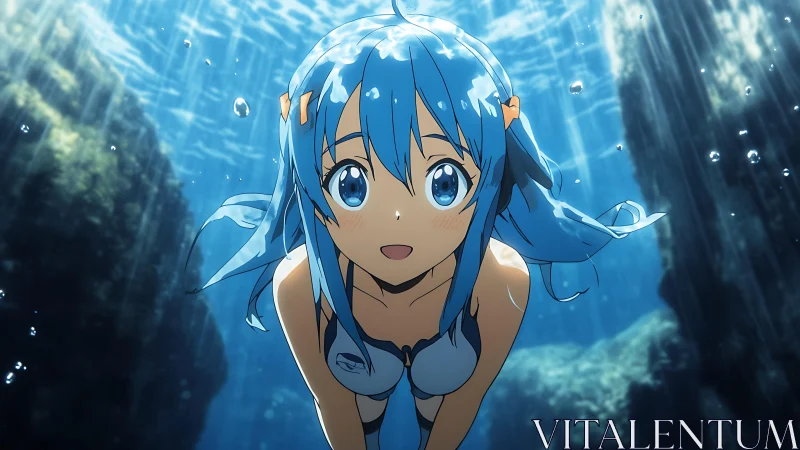 Blue haired swimmer exploring a sunlit underwater world.