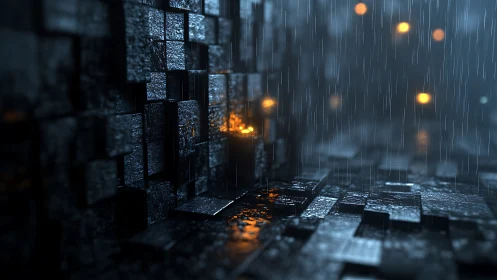 Geometric wet cubes with scattered orange light points.