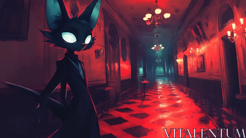 Anthropomorphic cat steward in neon red haunted corridor.
