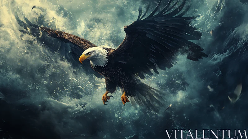 Majestic Bald Eagle Soaring Over Turbulent Ocean in Dramatic Art.