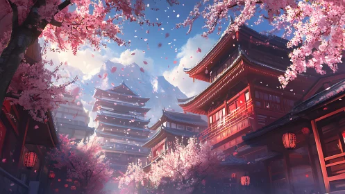 Sunlit Japanese pagodas rise amid dense spring cherry blossoms