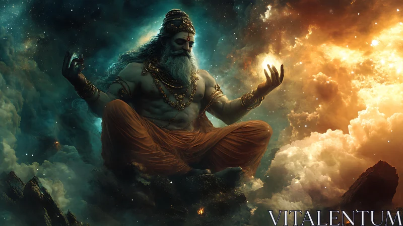 Mythic robed figure levitating in clouds and nebulae.