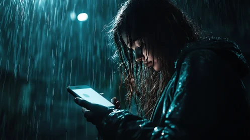 Moody urban night portrait under rain with phone glow.