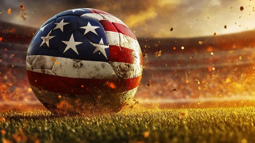 Weathered US flag soccer ball dominates a fiery stadium field