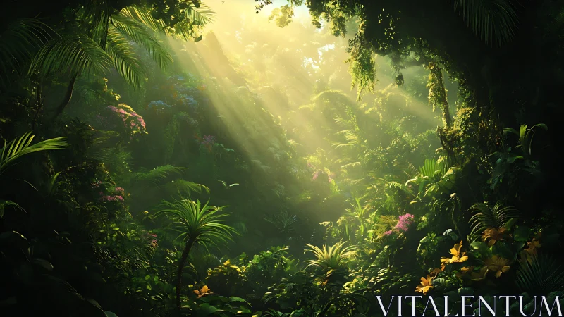 Rainforest Canopy: Golden Rays Through Dense Jungle.