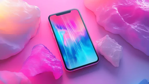 Neon smartphone glows amid pastel crystals in dreamy light