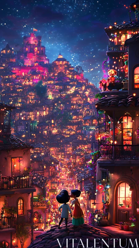 Night festival cityscape with two children on hilltop