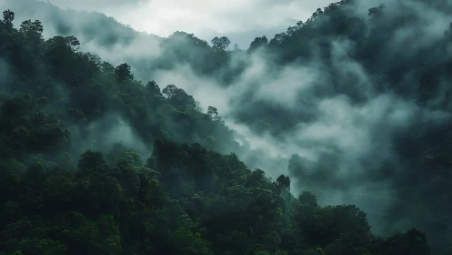Misty Mountain Forest Landscape with Low-Lying Fog.
