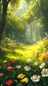 Sunlit Forest Meadow with Blooming Wildflowers.