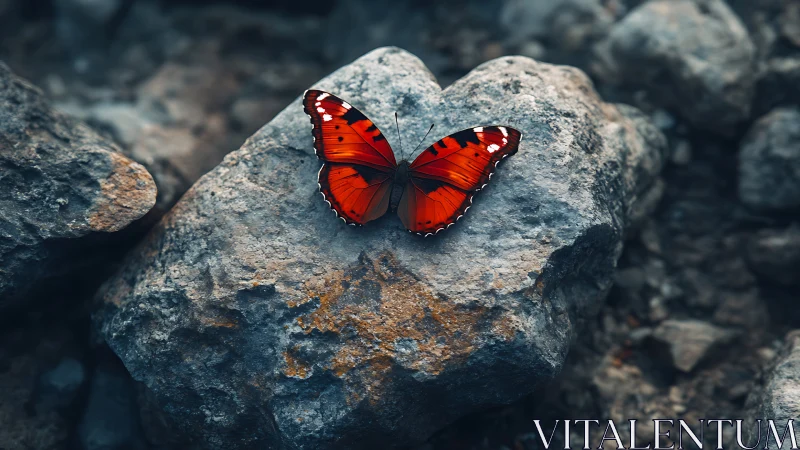 Red butterfly rests on weathered rock in shallow depth of field