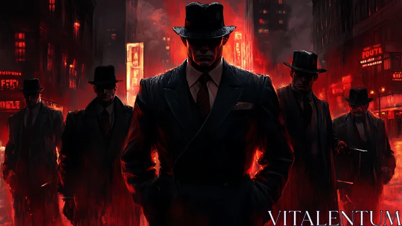 Noir mob enforcers stalk blood-red neon city streets.