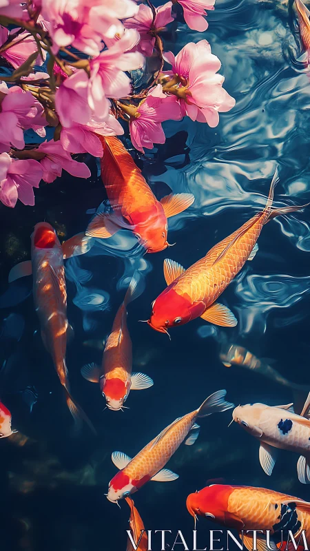 Koi fish beneath pink blossoms in reflective pond water.