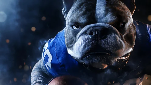 Hyperreal bulldog quarterback in blue jersey gripping football