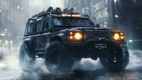 Storm‑hunting off‑road titan prowls the neon city rain.