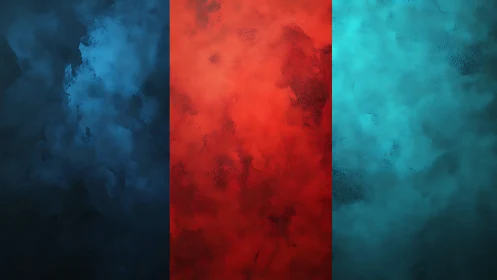 Triptych gradient clouds align in saturated red and cyan fields
