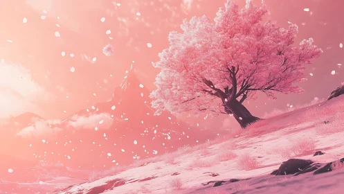 Solitary cherry blossom tree on windswept pastel hillside at dusk