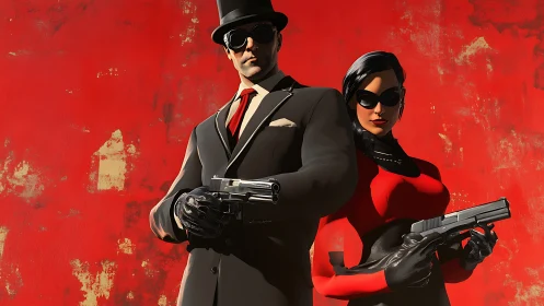 Sharp-suited gunfighters posed before distressed red wall.