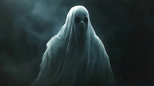 Eerie shrouded ghost drifts forward through deep green mist