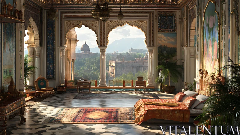Ornate palace bedroom interior with arches and city view.