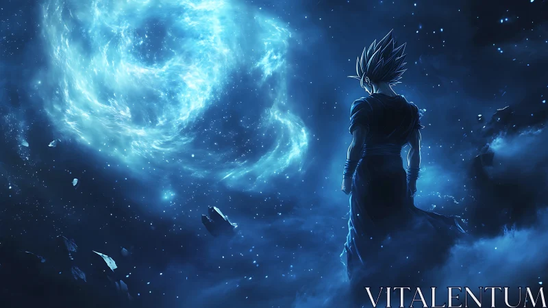 Celestial warrior gazing into luminous cosmic vortex.