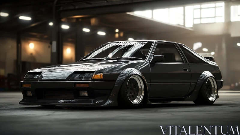 Midnight-tuned retro coupe prowls a moody industrial garage.