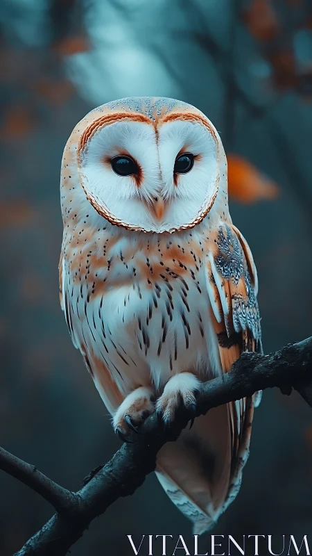 Barn owl perched on branch in soft teal forest light.