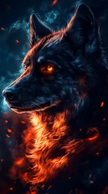 Infernal wolf portrait with bi-chromatic ember lighting.