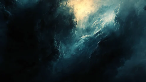 Stormy celestial clouds open toward a soft golden light above
